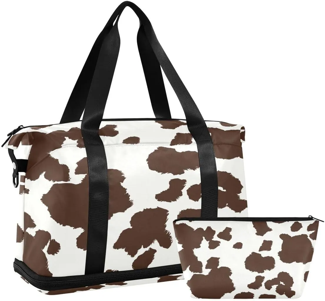 ALAZA Brown Animal Cow Print Travel Duffel Bag with Shoe Compartment Tote Bag Weekender Overnight Bag with Wet Pocket for Travel,Gym,Yoga,Swimming