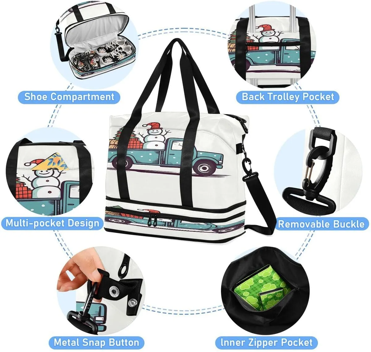 ALAZA Cartoon Car Snowman Pine Tree White Travel Duffel Bag with Shoe Compartment Tote Bag Weekender Overnight Bag with Wet Pocket for Travel,Gym,Yoga,Swimming
