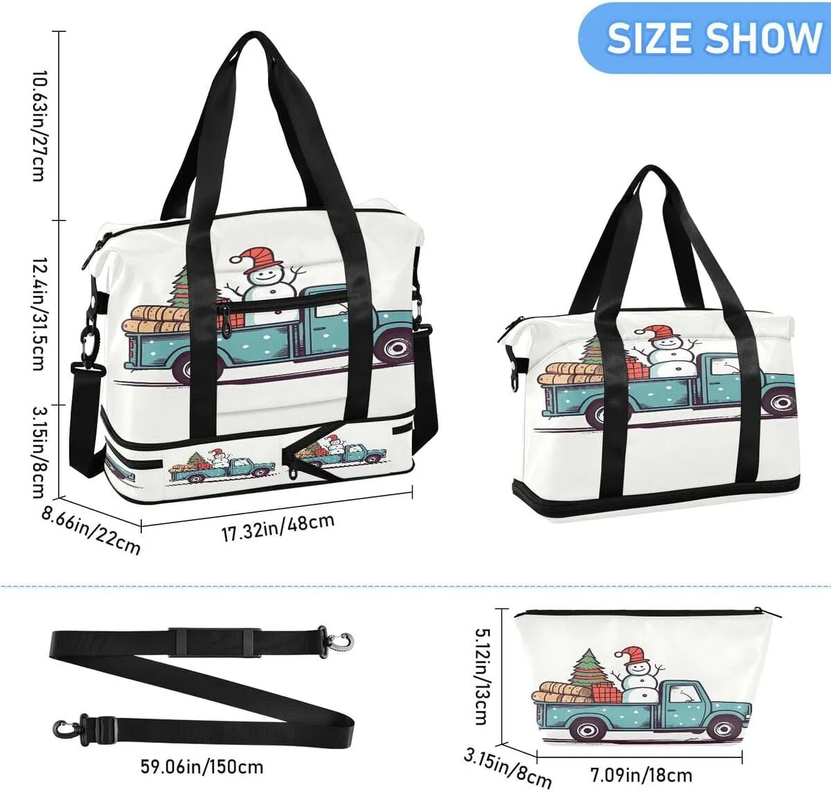 ALAZA Cartoon Car Snowman Pine Tree White Travel Duffel Bag with Shoe Compartment Tote Bag Weekender Overnight Bag with Wet Pocket for Travel,Gym,Yoga,Swimming