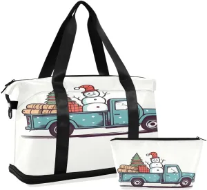 ALAZA Cartoon Car Snowman Pine Tree White Travel Duffel Bag with Shoe Compartment Tote Bag Weekender Overnight Bag with Wet Pocket for Travel,Gym,Yoga,Swimming