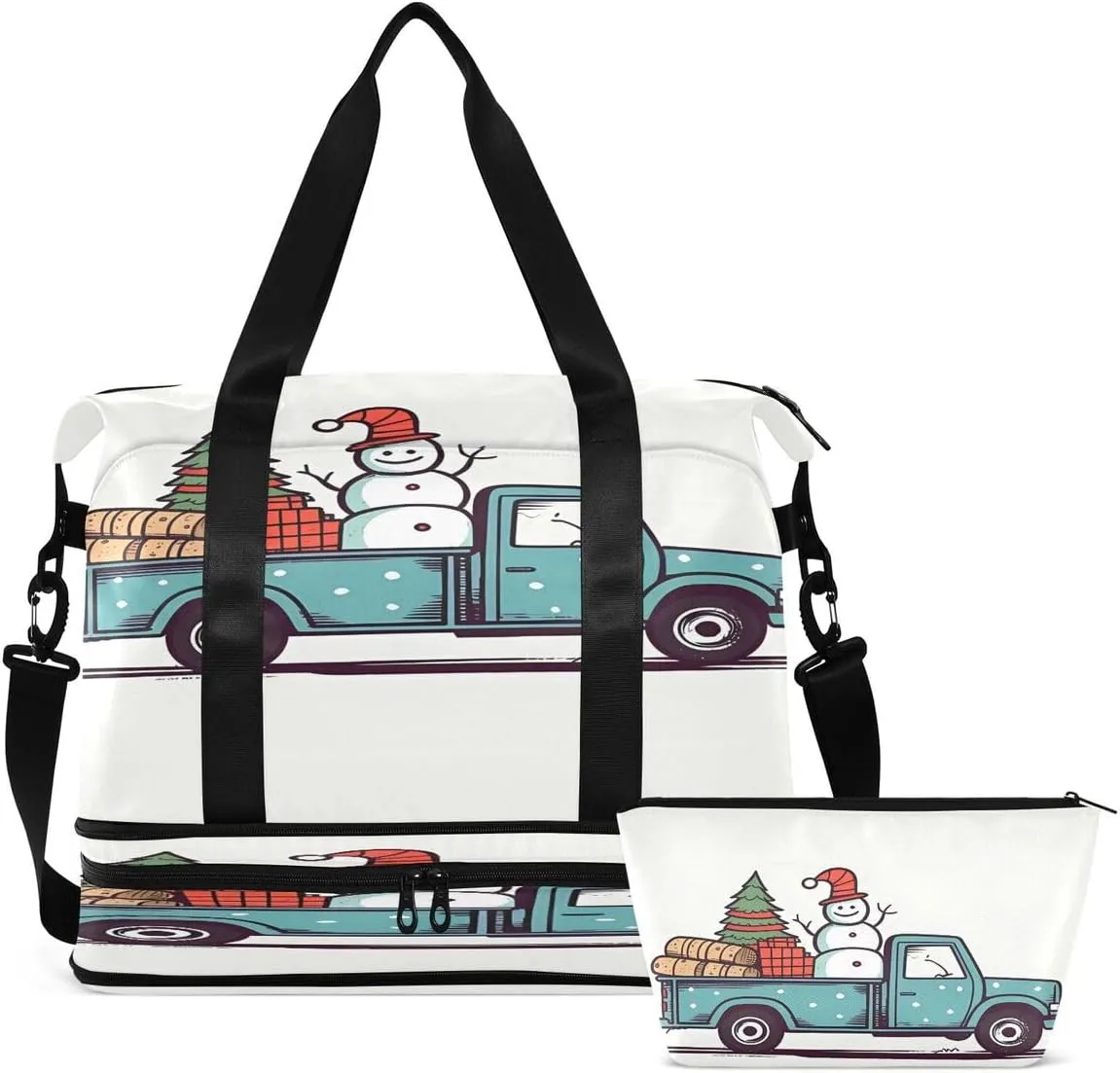ALAZA Cartoon Car Snowman Pine Tree White Travel Duffel Bag with Shoe Compartment Tote Bag Weekender Overnight Bag with Wet Pocket for Travel,Gym,Yoga,Swimming