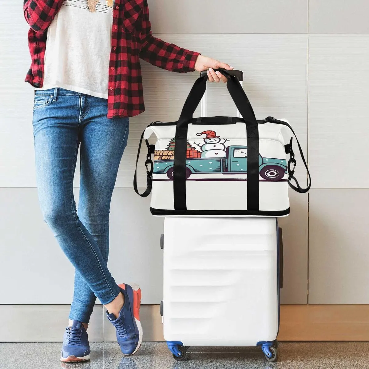 ALAZA Cartoon Car Snowman Pine Tree White Travel Duffel Bag with Shoe Compartment Tote Bag Weekender Overnight Bag with Wet Pocket for Travel,Gym,Yoga,Swimming
