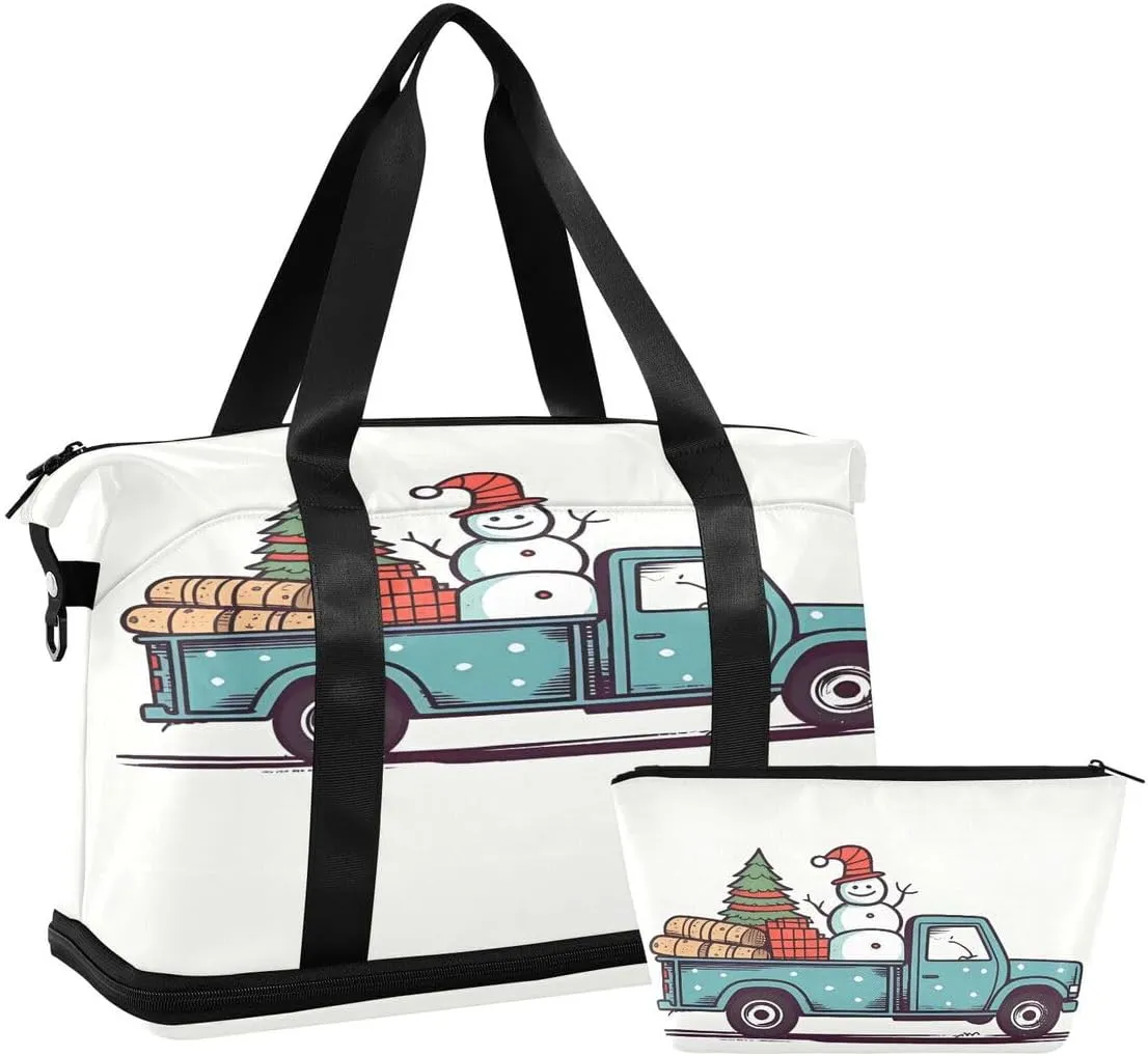 ALAZA Cartoon Car Snowman Pine Tree White Travel Duffel Bag with Shoe Compartment Tote Bag Weekender Overnight Bag with Wet Pocket for Travel,Gym,Yoga,Swimming