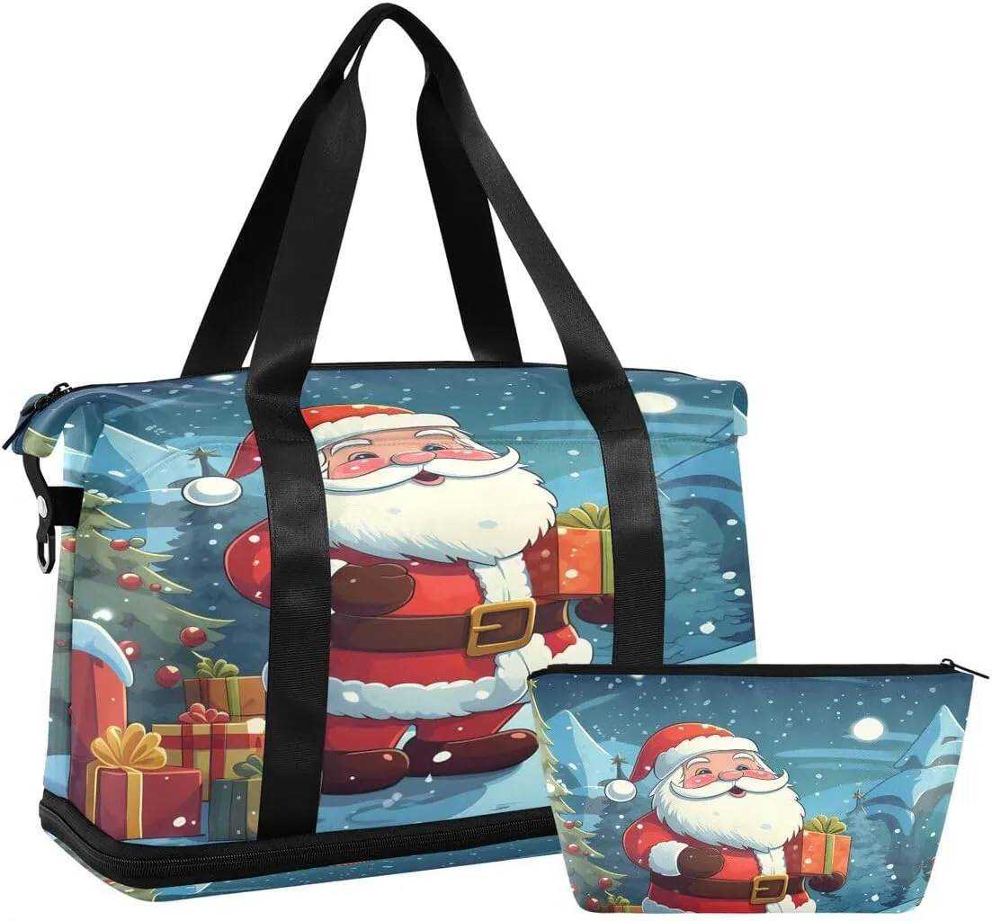 ALAZA Cartoon Santa Claus Pine Tree Moon Christmas Travel Duffel Bag with Shoe Compartment Tote Bag Weekender Overnight Bag with Wet Pocket for Travel,Gym,Yoga,Swimming