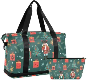 ALAZA Christmas Nutcracker Pine Tree Green Duffel Bag with Shoe Compartment Tote Bag Weekender Overnight Bag with Wet Pocket for Travel,Gym,Yoga,Swimming