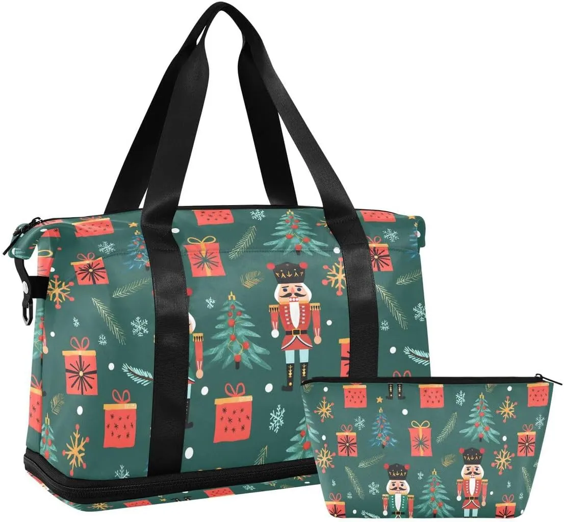 ALAZA Christmas Nutcracker Pine Tree Green Duffel Bag with Shoe Compartment Tote Bag Weekender Overnight Bag with Wet Pocket for Travel,Gym,Yoga,Swimming