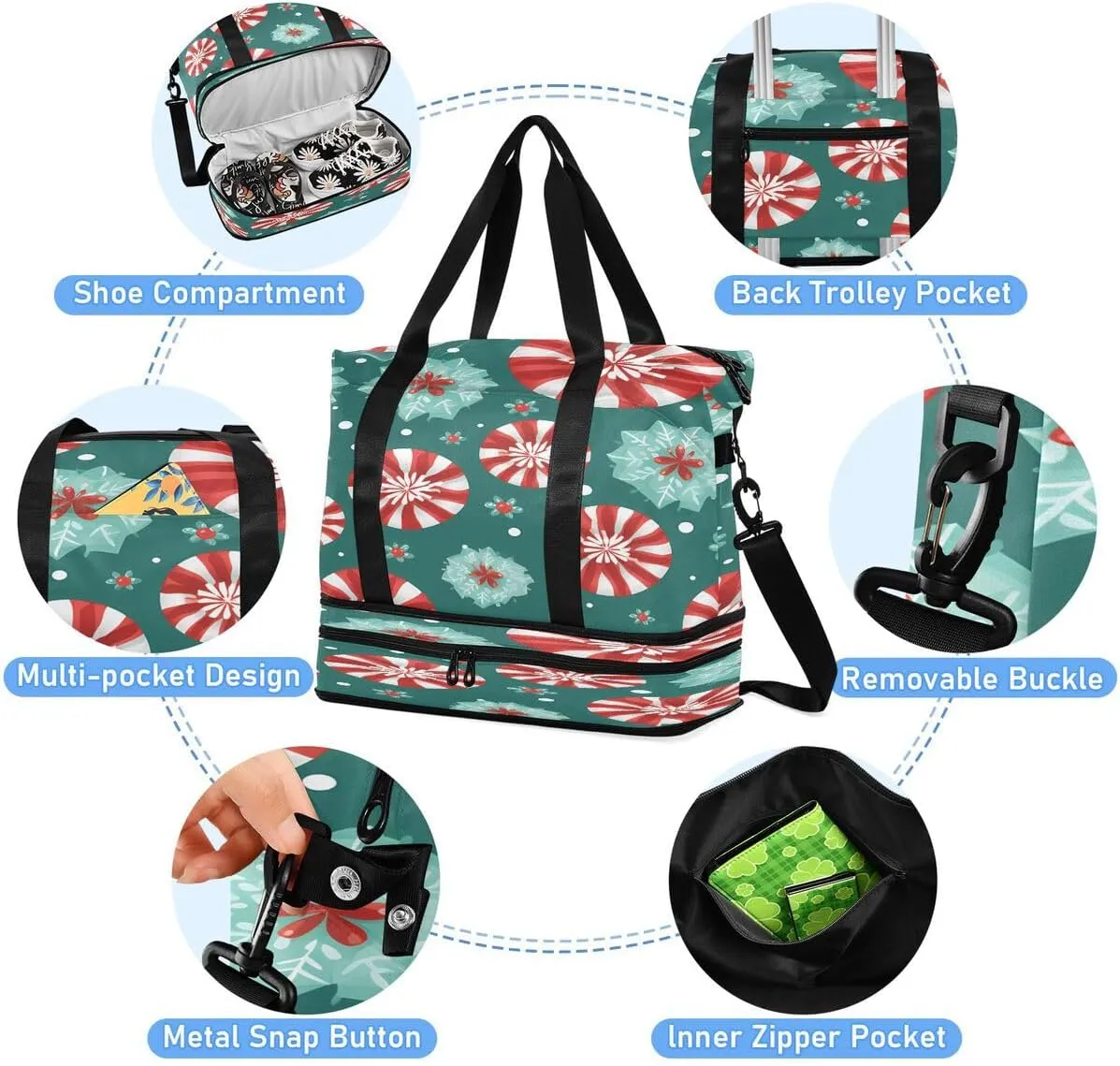 ALAZA Color Candy Snowflake Merry Christmas Travel Duffel Bag with Shoe Compartment Tote Bag Weekender Overnight Bag with Wet Pocket for Travel,Gym,Yoga,Swimming