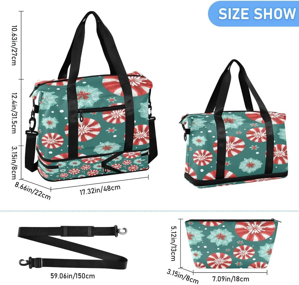 ALAZA Color Candy Snowflake Merry Christmas Travel Duffel Bag with Shoe Compartment Tote Bag Weekender Overnight Bag with Wet Pocket for Travel,Gym,Yoga,Swimming