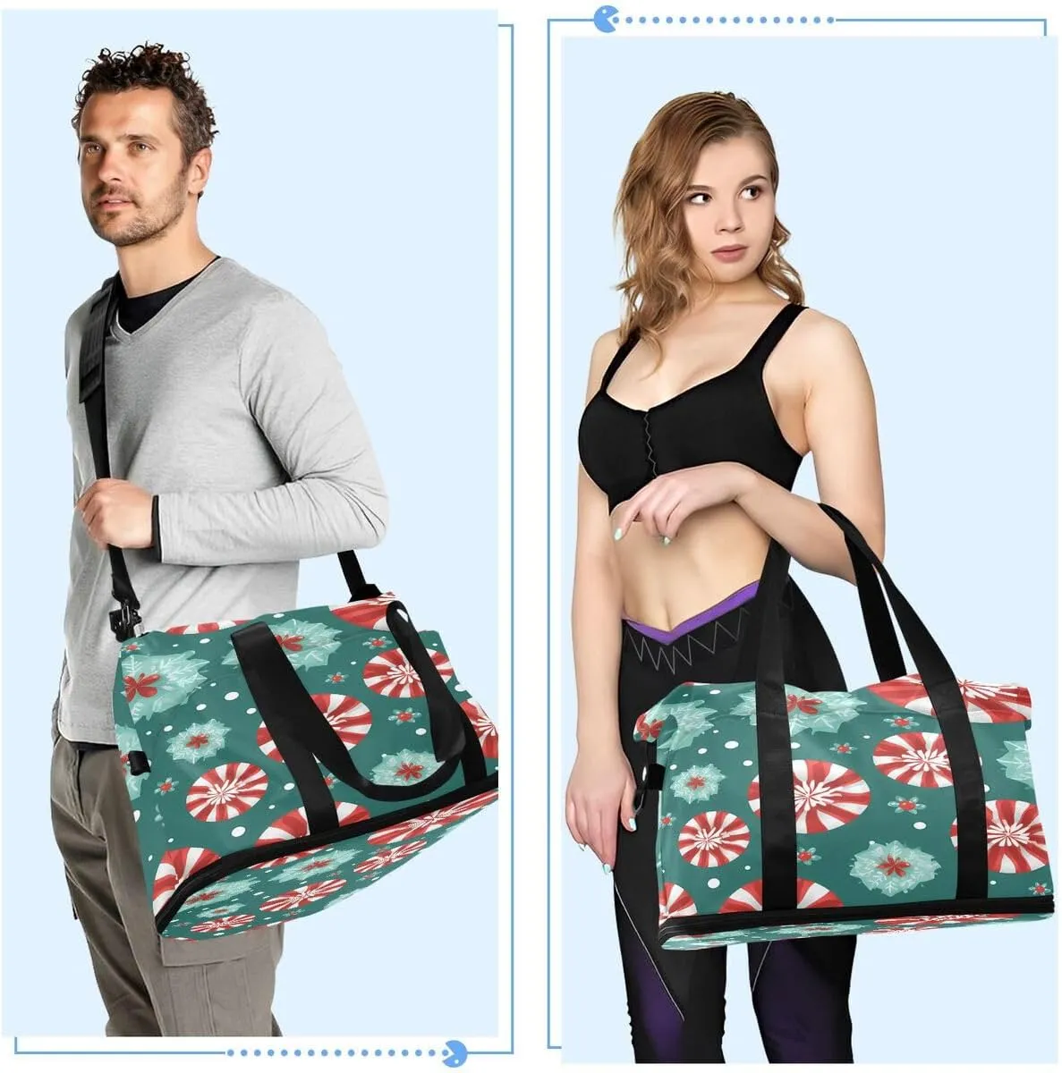 ALAZA Color Candy Snowflake Merry Christmas Travel Duffel Bag with Shoe Compartment Tote Bag Weekender Overnight Bag with Wet Pocket for Travel,Gym,Yoga,Swimming