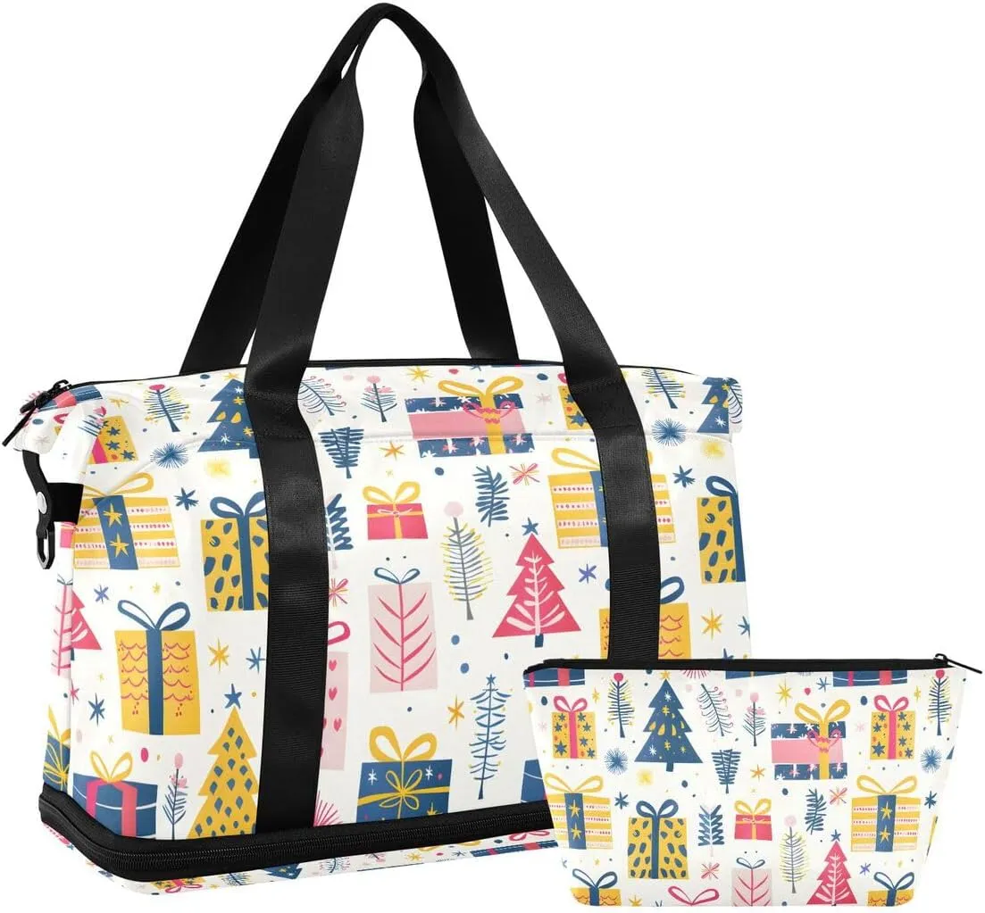 ALAZA Color Snowflake Snow Pine Tree Merry Christmas Duffel Bag with Shoe Compartment Tote Bag Weekender Overnight Bag with Wet Pocket for Travel,Gym,Yoga,Swimming