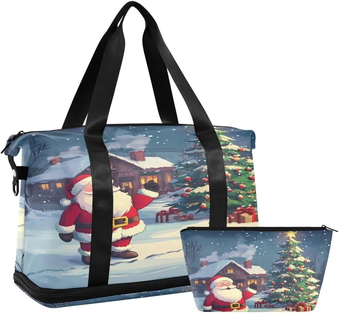 ALAZA Merry Christmas Santa Claus Tree Winter Landscape Duffel Bag with Shoe Compartment Tote Bag Weekender Overnight Bag with Wet Pocket for Travel,Gym,Yoga,Swimming