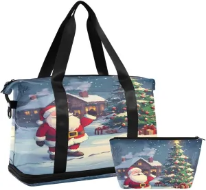 ALAZA Merry Christmas Santa Claus Tree Winter Landscape Duffel Bag with Shoe Compartment Tote Bag Weekender Overnight Bag with Wet Pocket for Travel,Gym,Yoga,Swimming