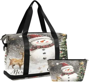 ALAZA Merry Christmas Snowman Deer Pine Tree Landscape Duffel Bag with Shoe Compartment Tote Bag Weekender Overnight Bag with Wet Pocket for Travel,Gym,Yoga,Swimming