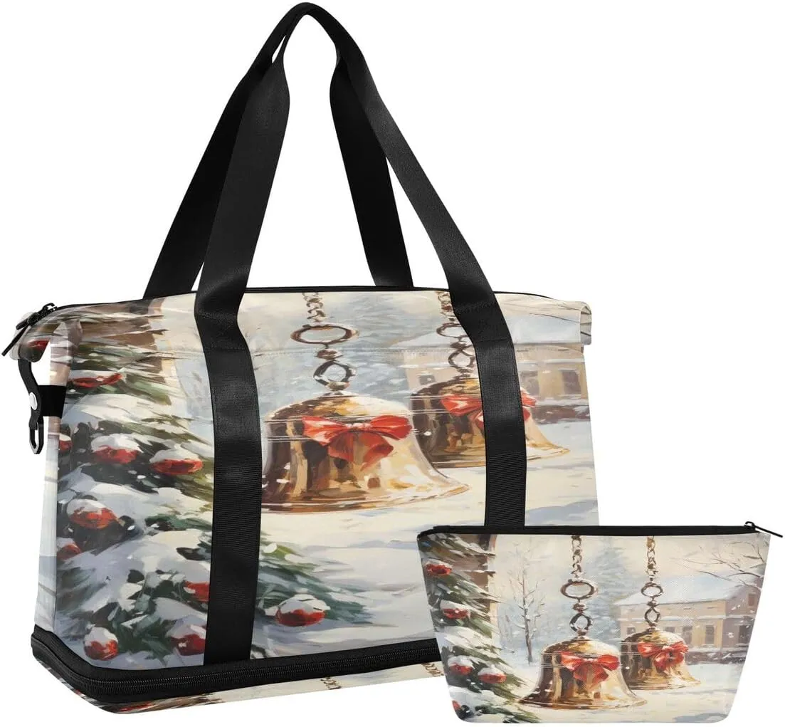 ALAZA Oil Painting Bell Ball Snow House Merry Christmas Travel Duffel Bag with Shoe Compartment Tote Bag Weekender Overnight Bag with Wet Pocket for Travel,Gym,Yoga,Swimming