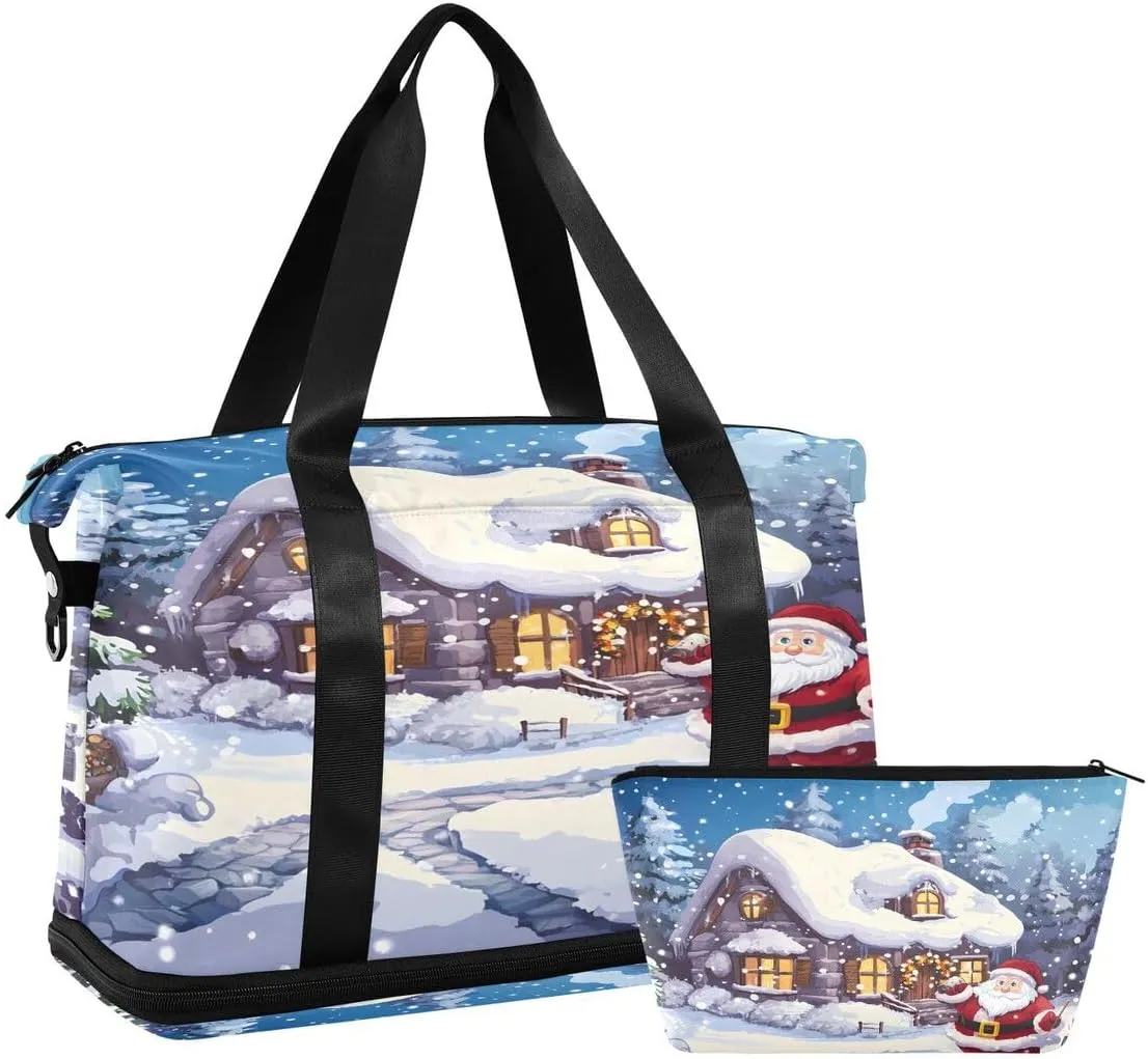 ALAZA Snowflake Pine Tree Santa Claus Winter Night Duffel Bag with Shoe Compartment Tote Bag Weekender Overnight Bag with Wet Pocket for Travel,Gym,Yoga,Swimming
