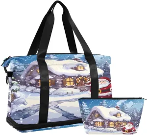 ALAZA Snowflake Pine Tree Santa Claus Winter Night Duffel Bag with Shoe Compartment Tote Bag Weekender Overnight Bag with Wet Pocket for Travel,Gym,Yoga,Swimming