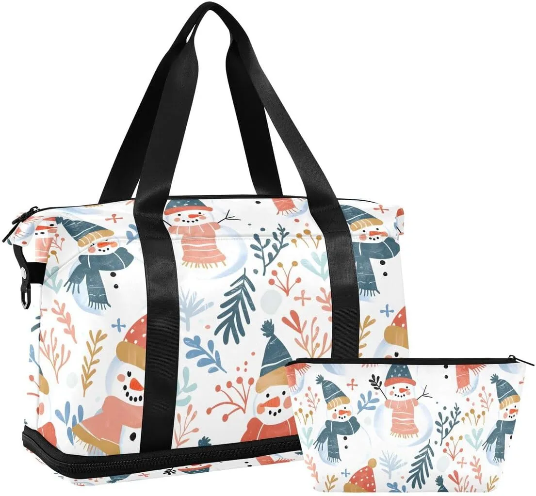 ALAZA Snowman Pine Tree Merry Christmas White Duffel Bag with Shoe Compartment Tote Bag Weekender Overnight Bag with Wet Pocket for Travel,Gym,Yoga,Swimming