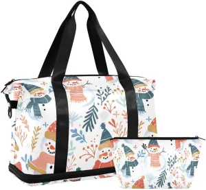 ALAZA Snowman Pine Tree Merry Christmas White Duffel Bag with Shoe Compartment Tote Bag Weekender Overnight Bag with Wet Pocket for Travel,Gym,Yoga,Swimming