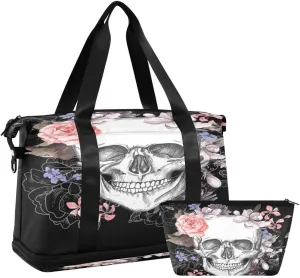 ALAZA Sugar Skull Rose Flower Travel Duffel Bag with Shoe Compartment Tote Bag Weekender Overnight Bag with Wet Pocket for Travel,Gym,Yoga,Swimming