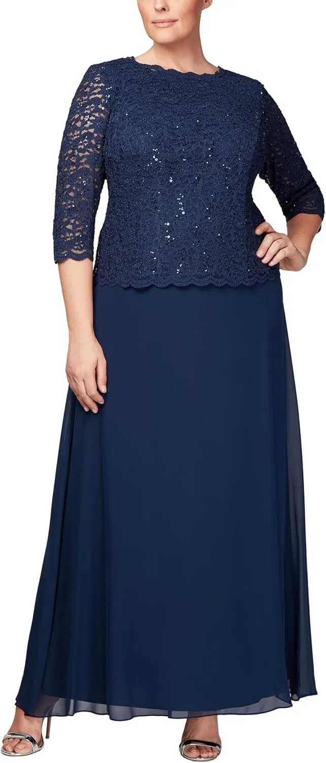 Alex Evenings Women's Plus Size Stretch Lace Bodice Mock One Piece Gown