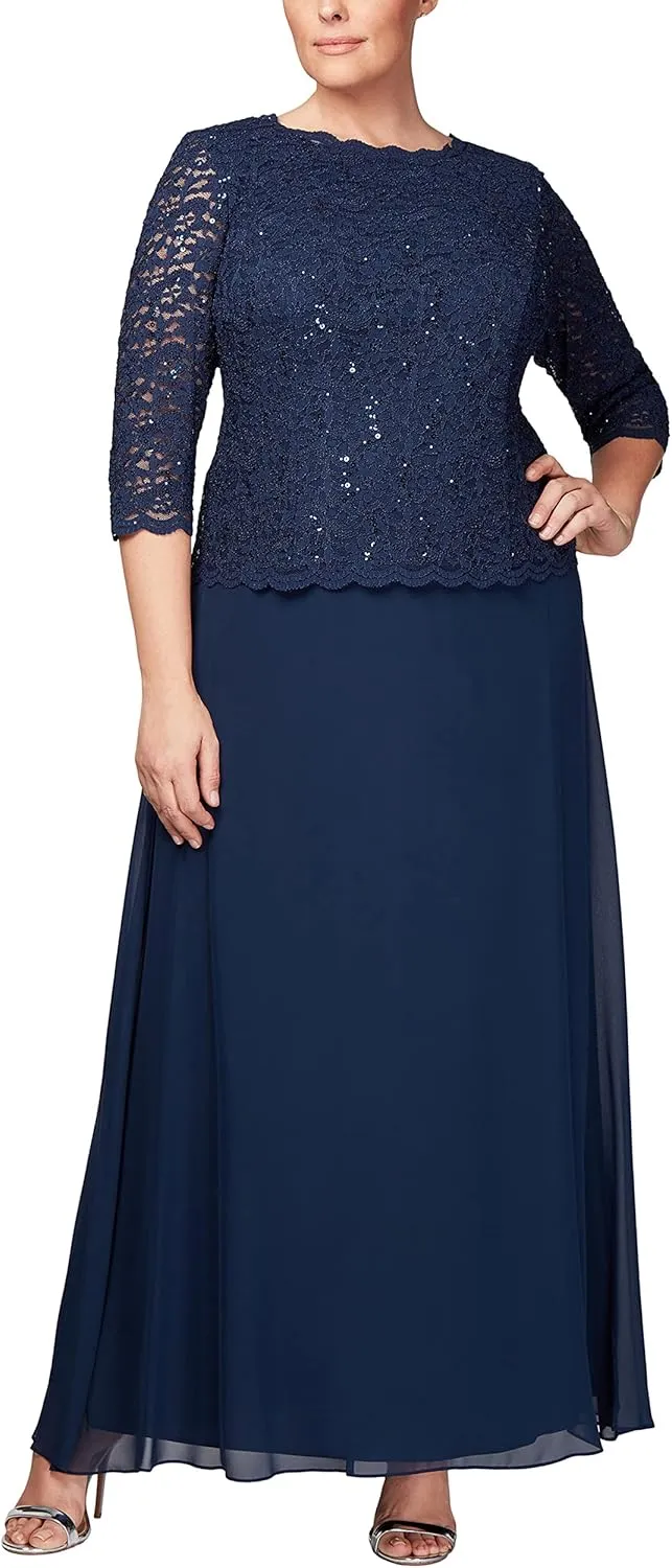 Alex Evenings Women's Plus Size Stretch Lace Bodice Mock One Piece Gown
