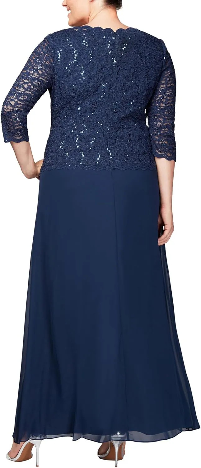 Alex Evenings Women's Plus Size Stretch Lace Bodice Mock One Piece Gown