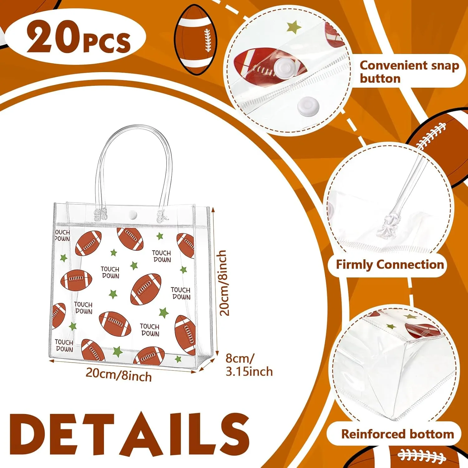 Aliceset 20 Pcs Football Clear Treat Bag with Handles PVC Football Party Snack Bag for Team Birthday Sport Favor, 8 x 8 x 3.15''