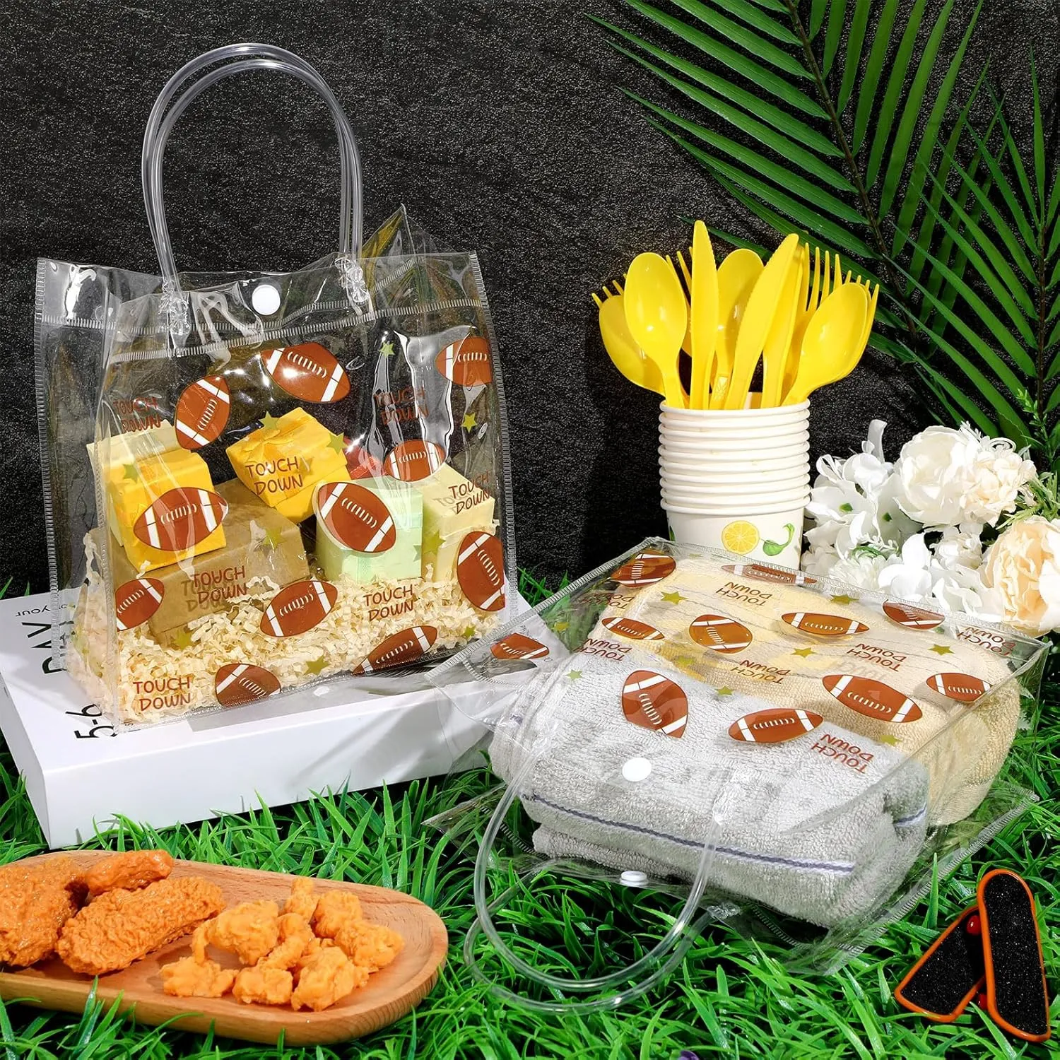 Aliceset 20 Pcs Football Clear Treat Bag with Handles PVC Football Party Snack Bag for Team Birthday Sport Favor, 8 x 8 x 3.15''