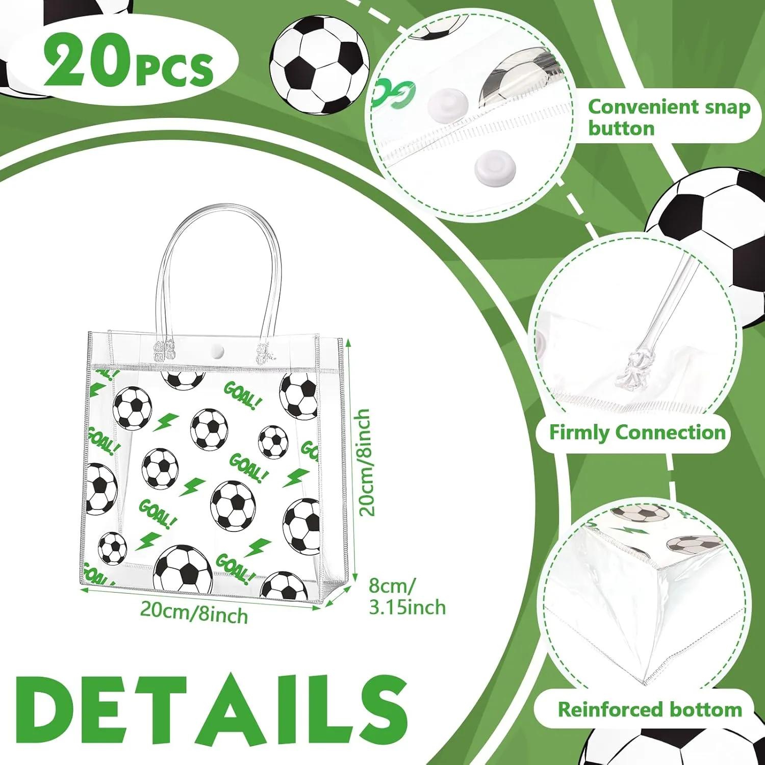Aliceset 20 Pcs Soccer Clear Goodie Bag with Handles PVC Sport Theme Party Favor Bag Bulk for Team Gifts Birthday, 8x8x3.15''