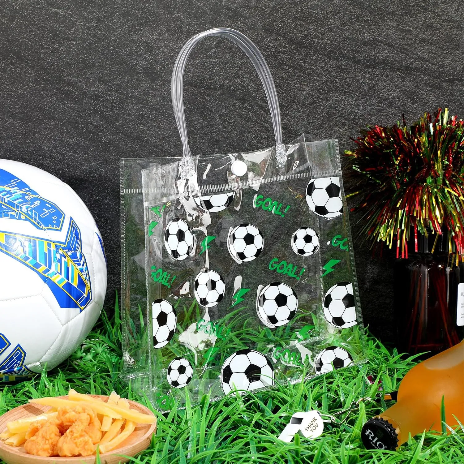 Aliceset 20 Pcs Soccer Clear Goodie Bag with Handles PVC Sport Theme Party Favor Bag Bulk for Team Gifts Birthday, 8x8x3.15''