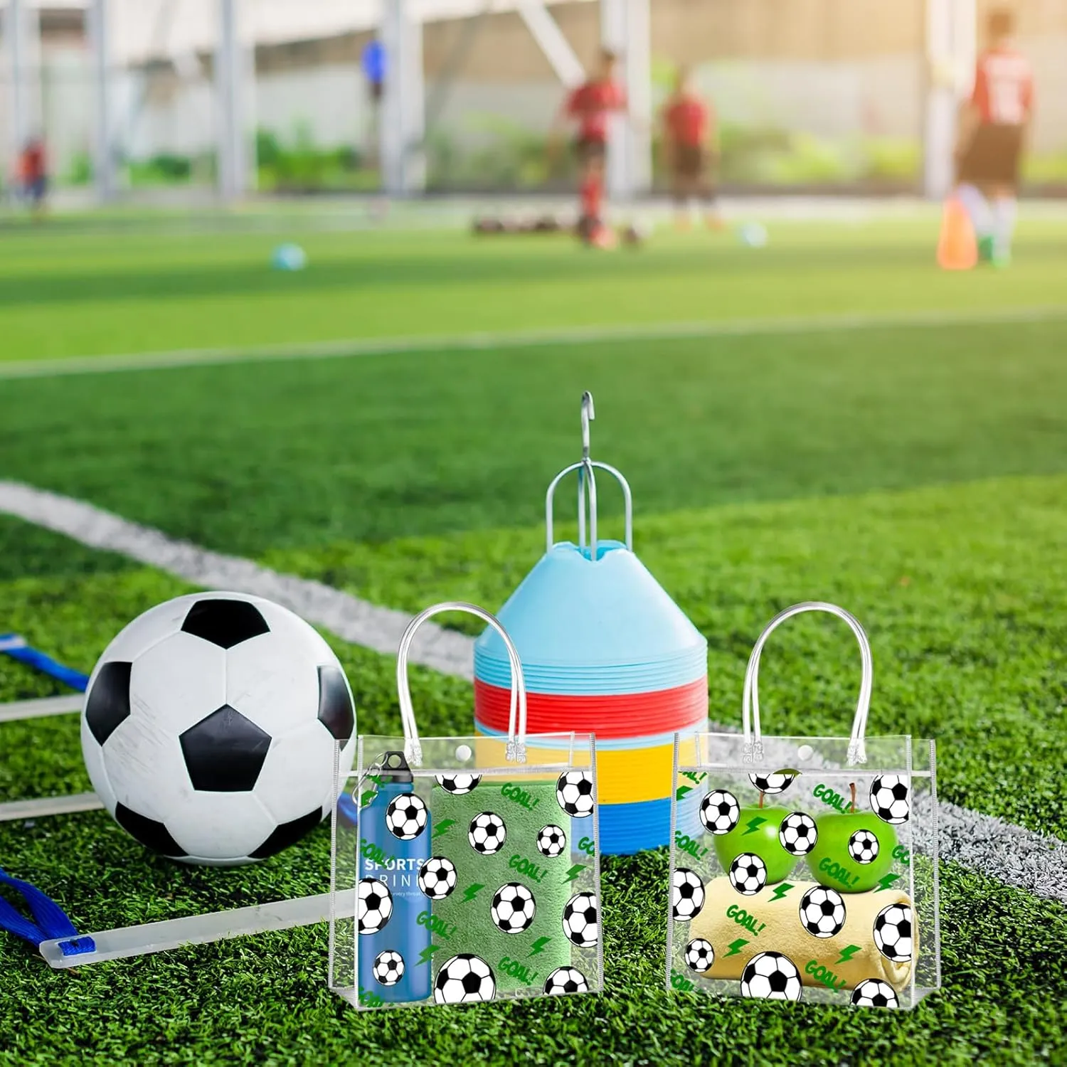 Aliceset 20 Pcs Soccer Clear Goodie Bag with Handles PVC Sport Theme Party Favor Bag Bulk for Team Gifts Birthday, 8x8x3.15''