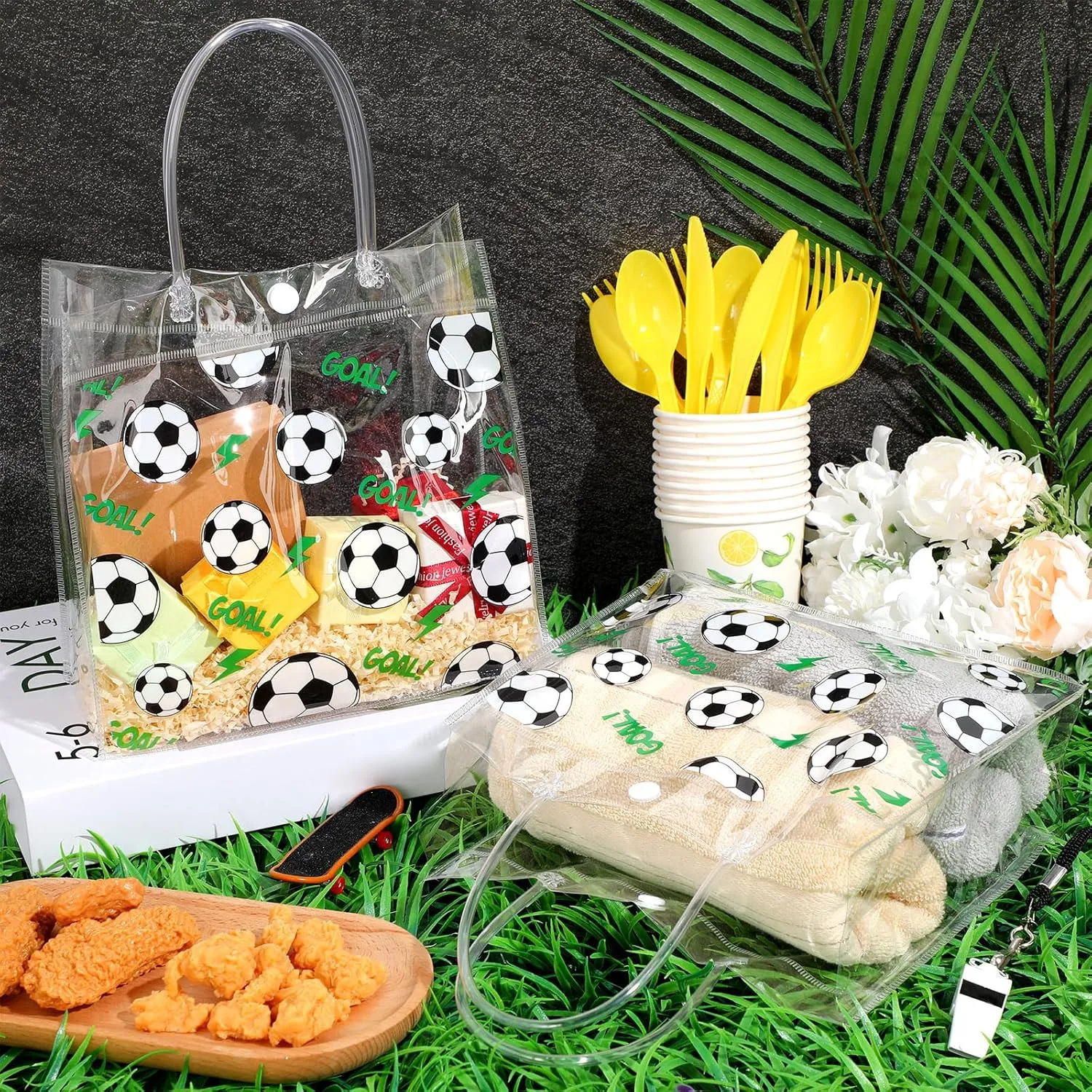 Aliceset 20 Pcs Soccer Clear Goodie Bag with Handles PVC Sport Theme Party Favor Bag Bulk for Team Gifts Birthday, 8x8x3.15''