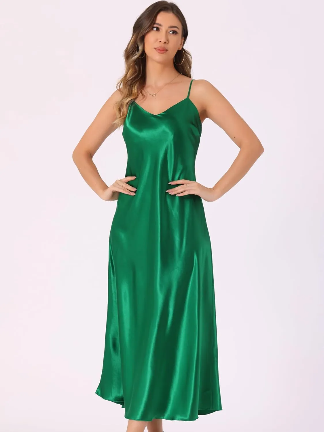 Allegra K Satin Sleeveless Dresses for Women's V Neck Spaghetti Strap Evening Party Silky Maxi Dress