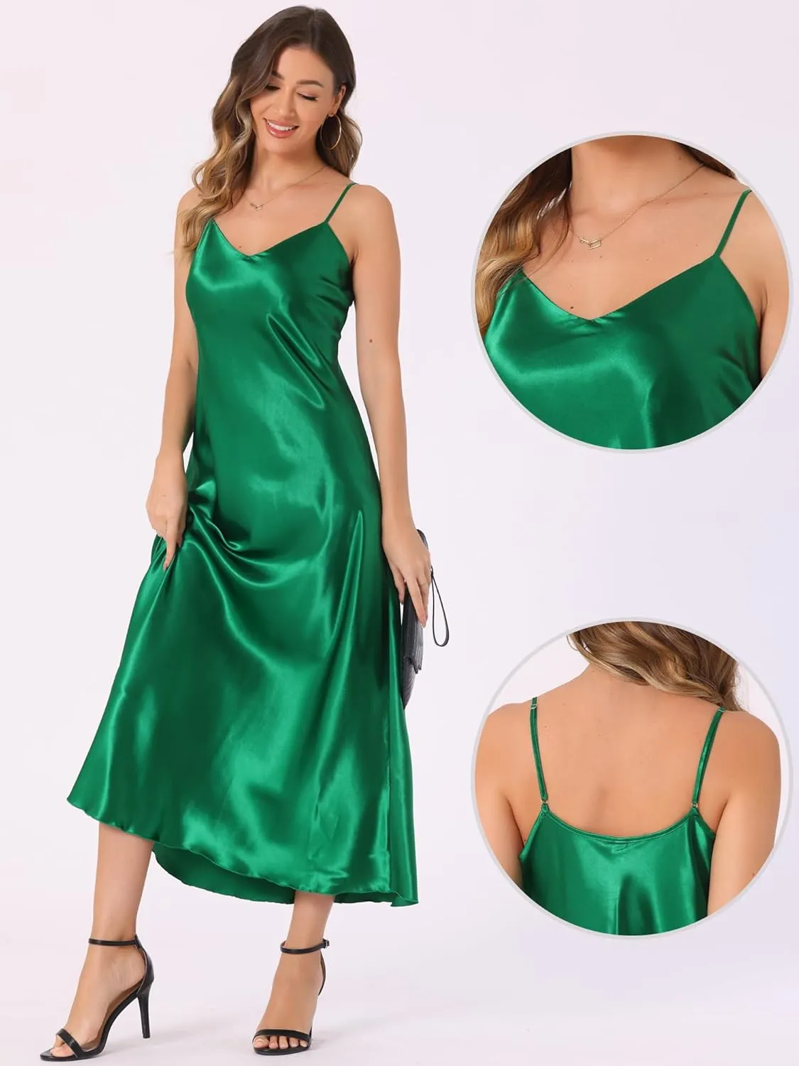 Allegra K Satin Sleeveless Dresses for Women's V Neck Spaghetti Strap Evening Party Silky Maxi Dress