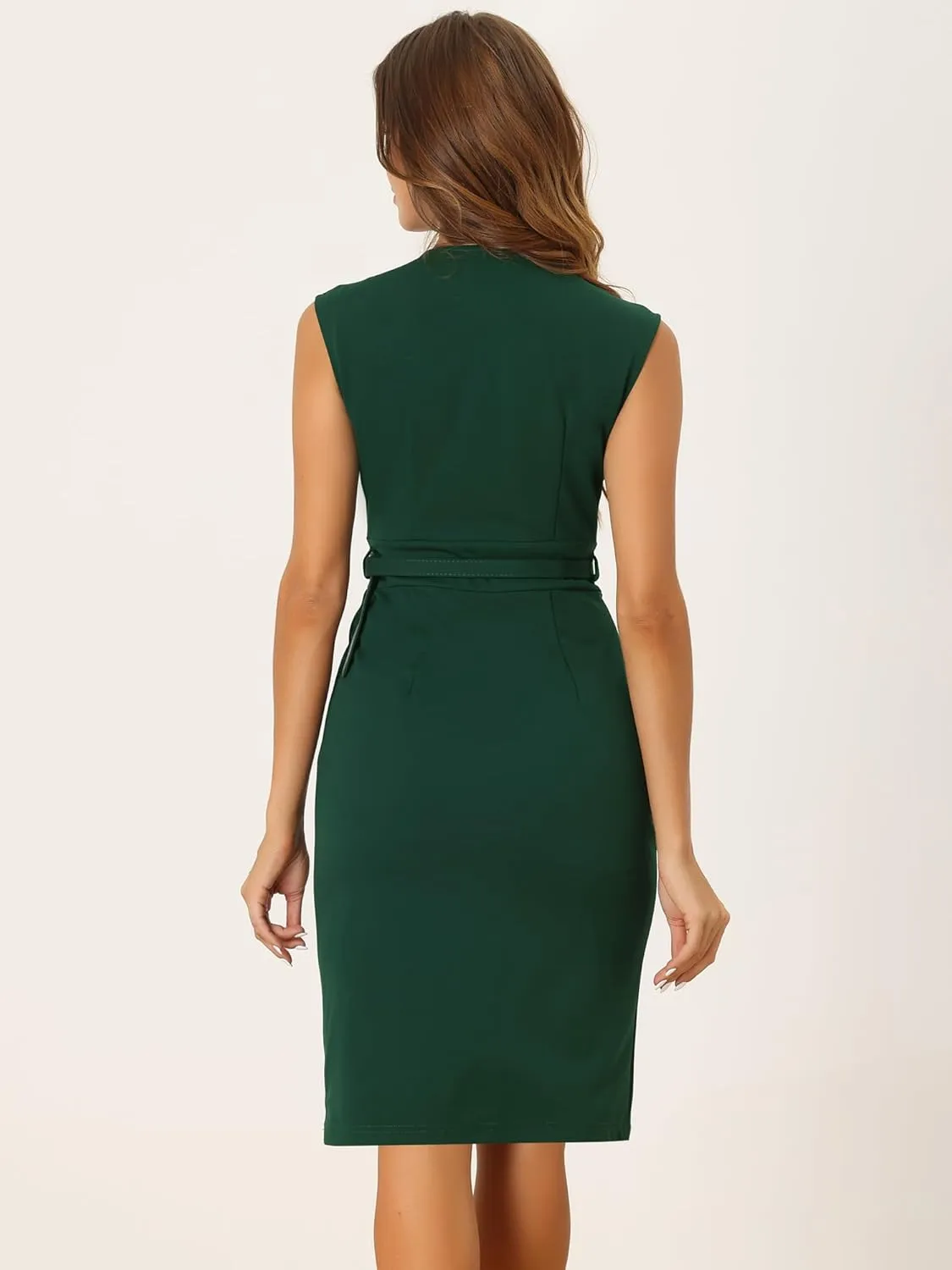 Allegra K Sheath Dress for Women's Sleeveless V Neck Business Office Belt Pencil Dresses