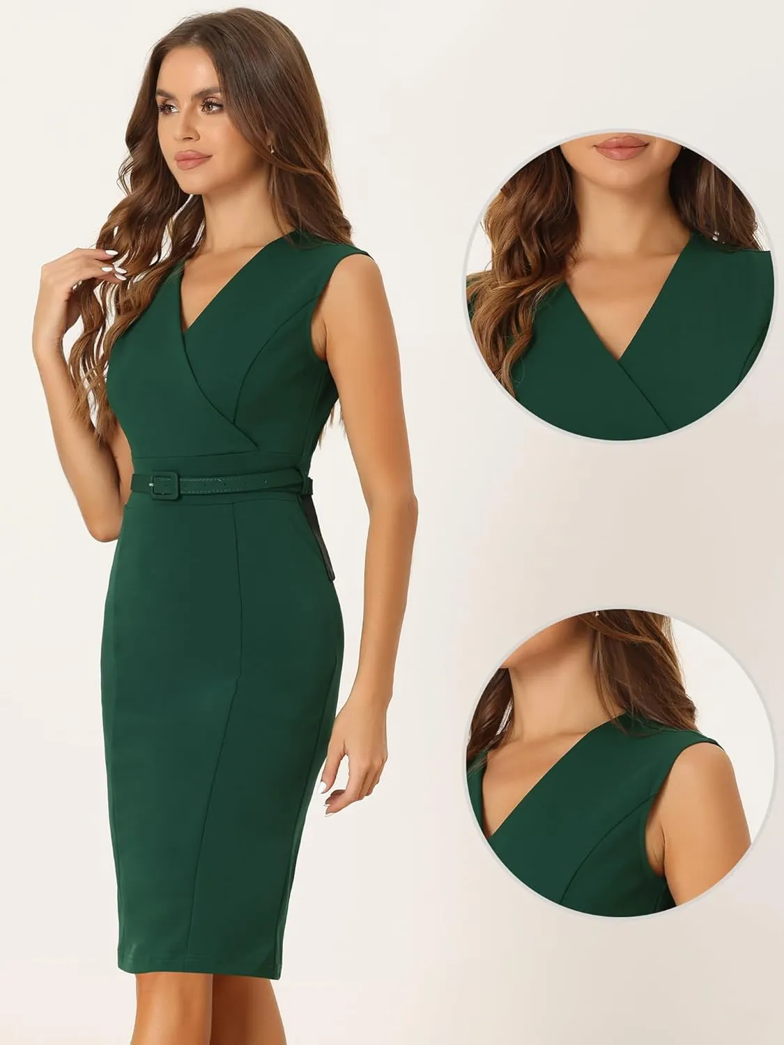 Allegra K Sheath Dress for Women's Sleeveless V Neck Business Office Belt Pencil Dresses