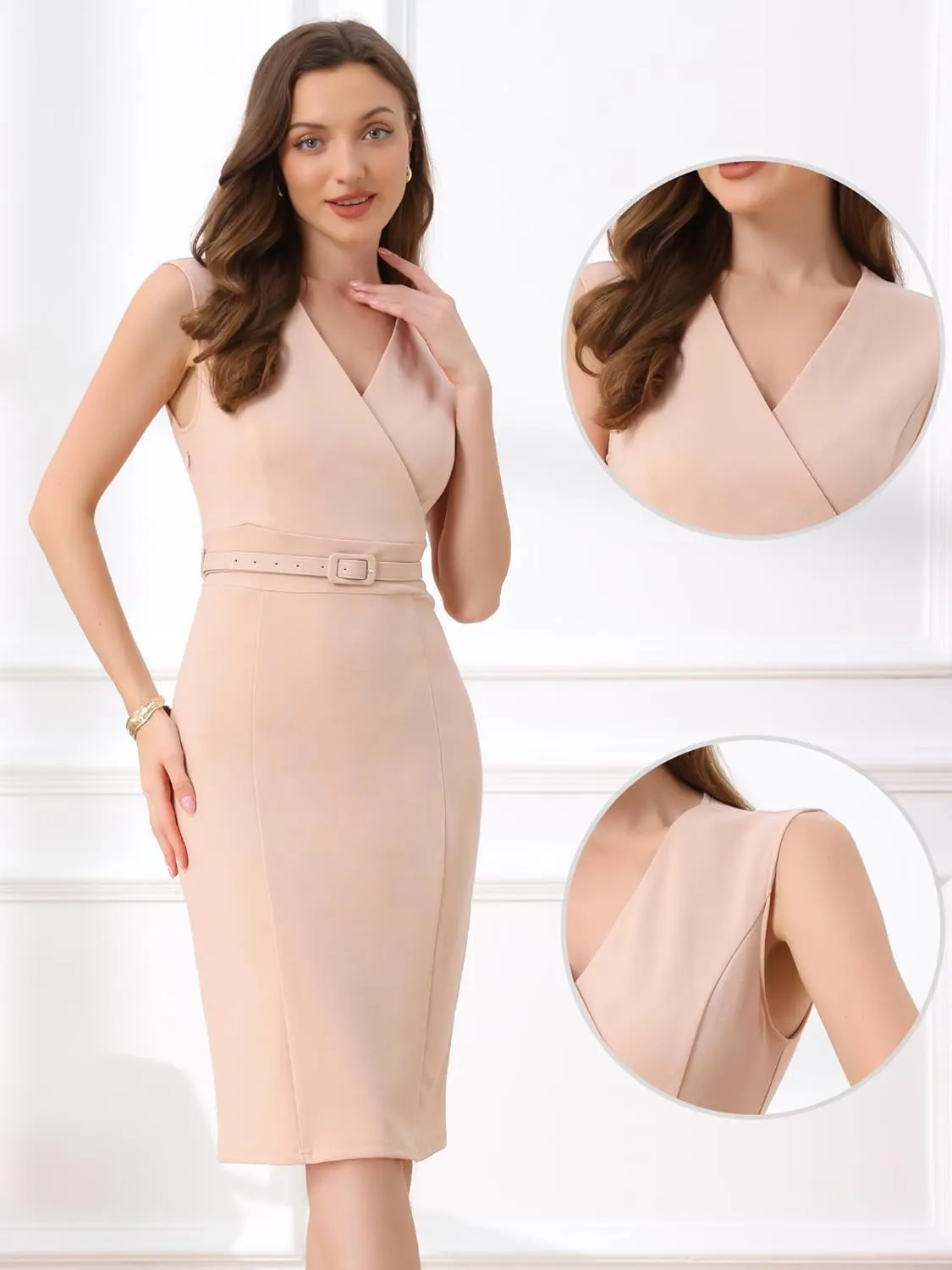 Allegra K Sheath Dress for Women's Sleeveless V Neck Business Office Belt Pencil Dresses