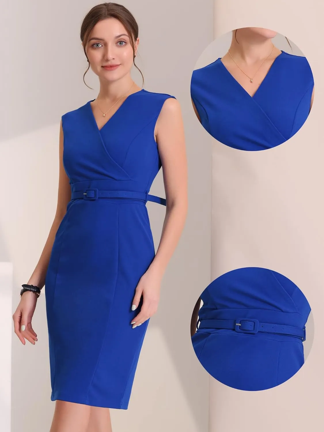 Allegra K Sheath Dress for Women's Sleeveless V Neck Business Office Belt Pencil Dresses
