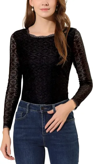 Allegra K Women's Lace Tops Sheer Dressy Casual Floral Lace Long Sleeve Tops
