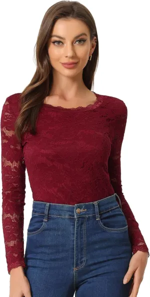 Allegra K Women's Lace Tops Sheer Dressy Casual Floral Lace Long Sleeve Tops