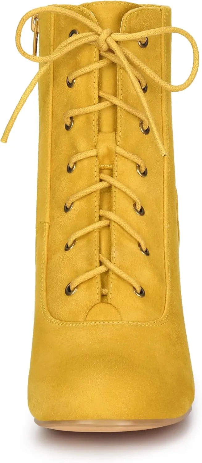 Allegra K Women's Lace Up Chunky Heel Ankle Booties
