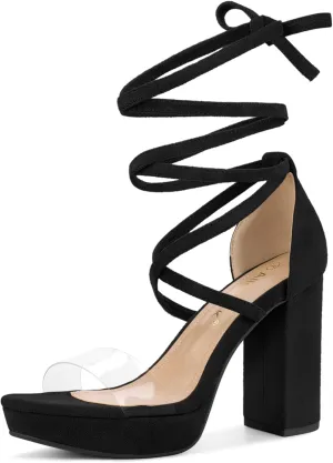 Allegra K Women's Platform Lace Up Clear Chunky Heels Sandals