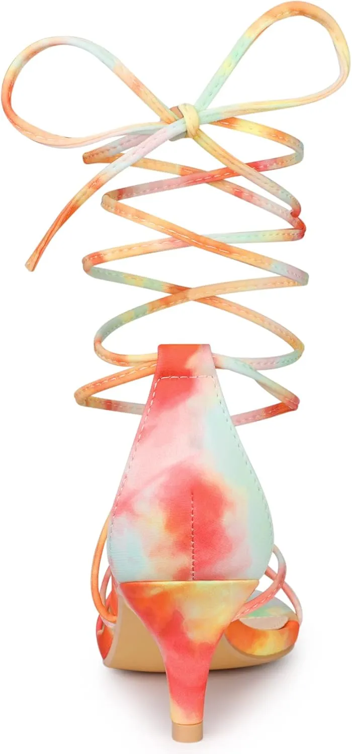 Allegra K Women's Strappy Tie Dye Heels Lace Up Kitten Heel Sandals