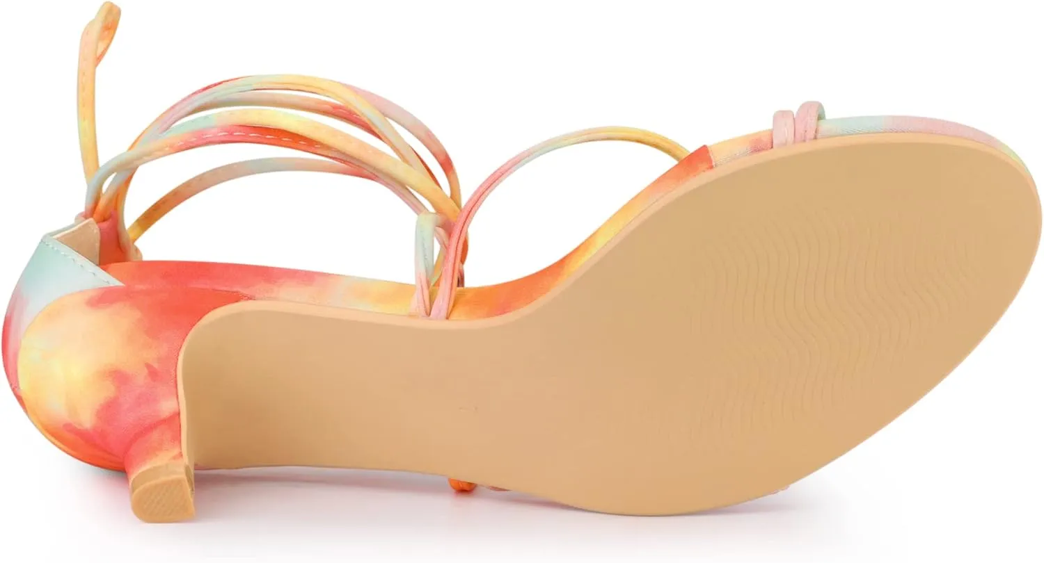 Allegra K Women's Strappy Tie Dye Heels Lace Up Kitten Heel Sandals