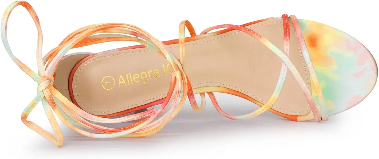 Allegra K Women's Strappy Tie Dye Heels Lace Up Kitten Heel Sandals