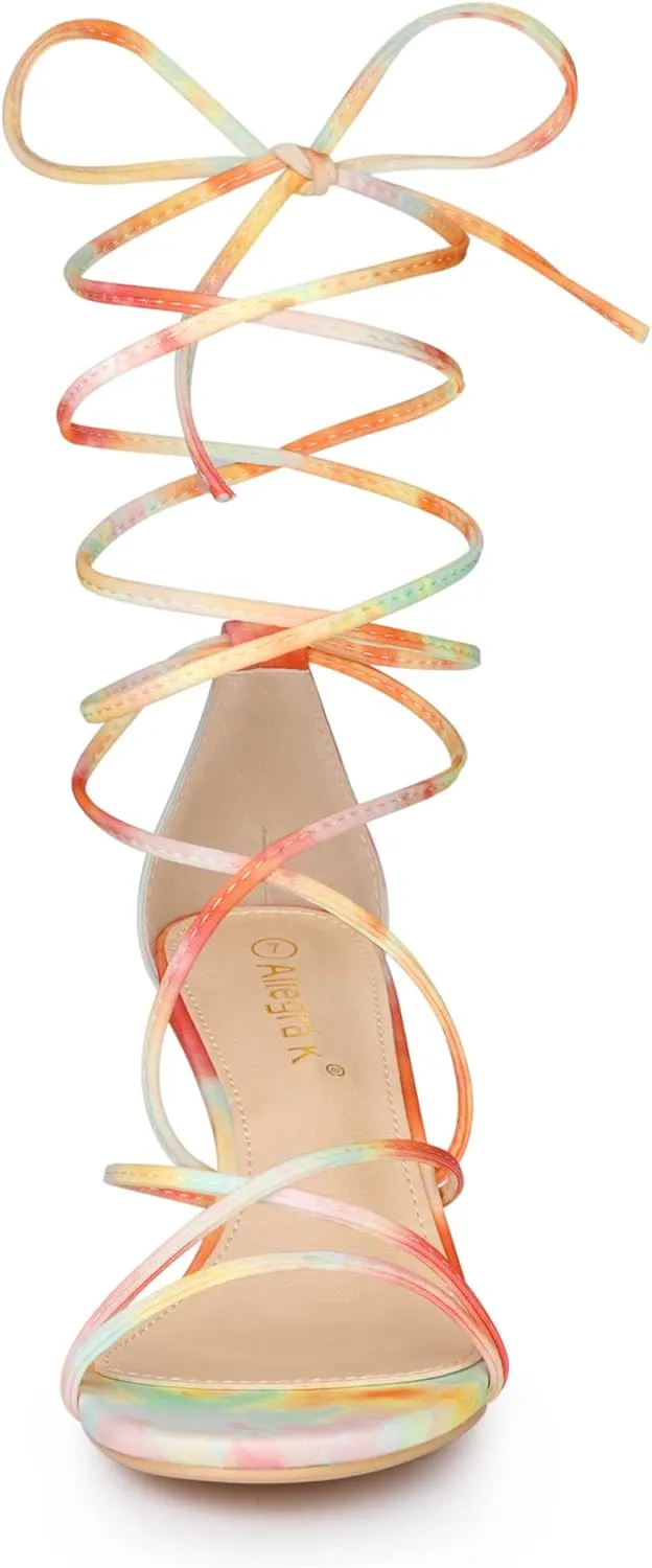 Allegra K Women's Strappy Tie Dye Heels Lace Up Kitten Heel Sandals
