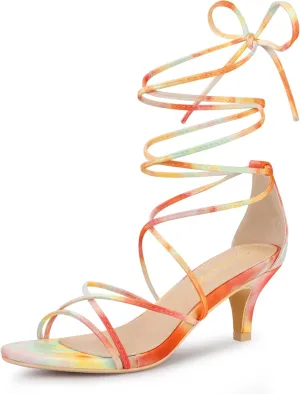 Allegra K Women's Strappy Tie Dye Heels Lace Up Kitten Heel Sandals
