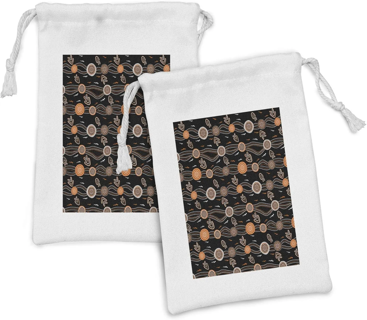 Ambesonne Aboriginal Fabric Pouch Set of 2, Abstract Rounded Shapes Dotted Wavy Lines and Boomerang Motifs, Small Drawstring Bag for Toiletries Masks and Favors, 9" x 6", Grey Orange
