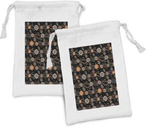 Ambesonne Aboriginal Fabric Pouch Set of 2, Abstract Rounded Shapes Dotted Wavy Lines and Boomerang Motifs, Small Drawstring Bag for Toiletries Masks and Favors, 9" x 6", Grey Orange