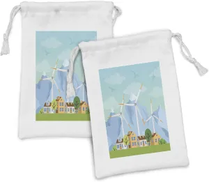 Ambesonne Landscape Fabric Pouch Set of 2, Houses Before the Mountains Country with Wind Generator Turbines Eco Energy Town, Small Drawstring Bag for Toiletries Masks and Favors, 9" x 6", Multicolor